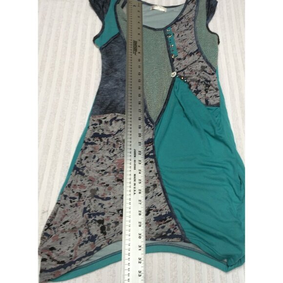 Forla Paris Women Asymmetric Dress Embellished Patchwork V-Neck Cap Sleeve Blue - Picture 9 of 10